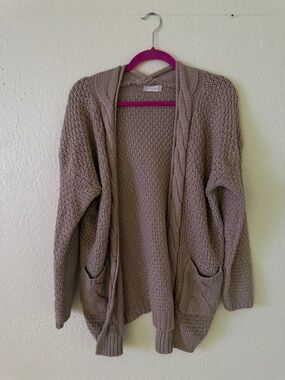 Altar’d State Brand Cozy Taupe Open-Front Cable Knit Sweater